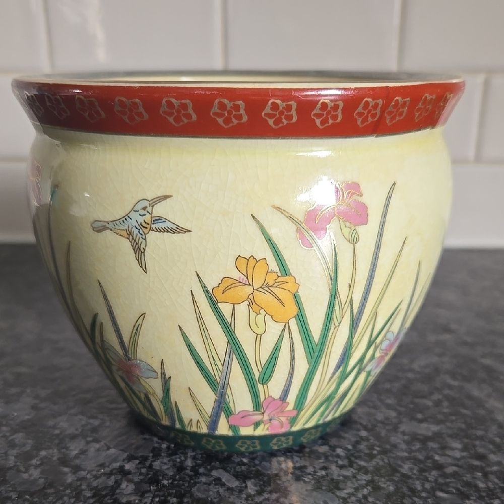 New England Pottery Asian Inspired Floral Pattern "Koi Fish" Bowl Planter